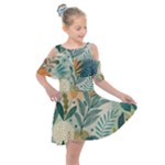 Leaves Pattern Flora Nature Kids  Shoulder Cutout Chiffon Dress