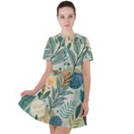 Leaves Pattern Flora Nature Short Sleeve Shoulder Cut Out Dress 