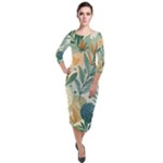 Leaves Pattern Flora Nature Quarter Sleeve Midi Velour Bodycon Dress