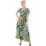 Leaves Pattern Flora Nature Button Up Short Sleeve Maxi Dress