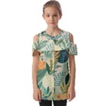 Leaves Pattern Flora Nature Fold Over Open Sleeve Top