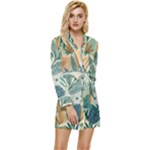 Leaves Pattern Flora Nature Long Sleeve Satin Robe