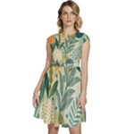 Leaves Pattern Flora Nature Cap Sleeve High Waist Dress