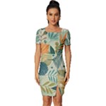 Leaves Pattern Flora Nature Fitted Knot Split End Bodycon Dress