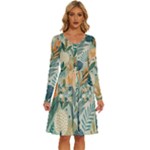 Leaves Pattern Flora Nature Long Sleeve Dress With Pocket