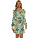 Leaves Pattern Flora Nature Long Sleeve Waist Tie Ruffle Velvet Dress