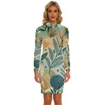 Leaves Pattern Flora Nature Long Sleeve Shirt Collar Bodycon Dress