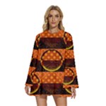 Art Pattern Design Wallpaper Round Neck Long Sleeve Bohemian Style Chiffon Mini Dress