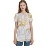 Marble Pattern Women s Zip Front V-Neck Short Sleeve Casual Top Pocket Shirt