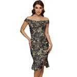 Camouflage Army Survival Uniform Off Shoulder Ruffle Split Hem Bodycon Dress