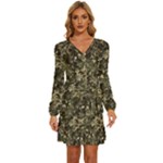 Camouflage Army Survival Uniform Long Sleeve Waist Tie Ruffle Velvet Dress