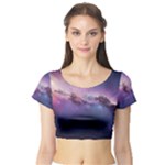 Cosmic Dreamscape Print (ai) Black Backgrond Short Sleeve Crop Top