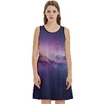 Cosmic Dreamscape Print (ai) Black Backgrond Round Neck Sleeve Casual Dress With Pockets