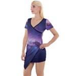 Cosmic Dreamscape Print (ai) Black Backgrond Short Sleeve Asymmetric Mini Dress