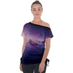 Cosmic Dreamscape Print (ai) Black Backgrond Off Shoulder Tie-Up T-Shirt