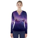 Cosmic Dreamscape Print (ai) Black Backgrond V-Neck Long Sleeve Top