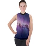 Cosmic Dreamscape Print (ai) Black Backgrond Mock Neck Chiffon Sleeveless Top