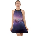 Cosmic Dreamscape Print (ai) Black Backgrond Halter Tie Back Chiffon Dress