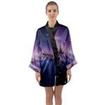 Cosmic Dreamscape Print (ai) Black Backgrond Long Sleeve Satin Kimono