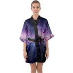 Cosmic Dreamscape Print (ai) Black Backgrond Half Sleeve Satin Kimono 