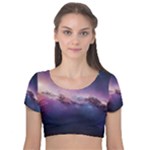 Cosmic Dreamscape Print (ai) Black Backgrond Velvet Short Sleeve Crop Top 