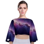 Cosmic Dreamscape Print (ai) Black Backgrond Tie Back Butterfly Sleeve Chiffon Top