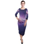 Cosmic Dreamscape Print (ai) Black Backgrond Quarter Sleeve Midi Velour Bodycon Dress