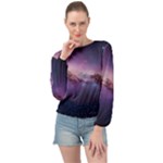 Cosmic Dreamscape Print (ai) Black Backgrond Banded Bottom Chiffon Top