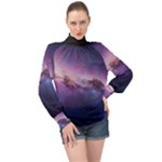 Cosmic Dreamscape Print (ai) Black Backgrond High Neck Long Sleeve Chiffon Top