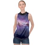 Cosmic Dreamscape Print (ai) Black Backgrond High Neck Satin Top