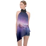 Cosmic Dreamscape Print (ai) Black Backgrond Halter Asymmetric Satin Top