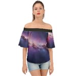 Cosmic Dreamscape Print (ai) Black Backgrond Off Shoulder Short Sleeve Top