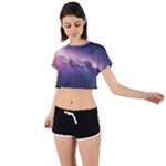 Cosmic Dreamscape Print (ai) Black Backgrond Tie Back Short Sleeve Crop T-Shirt