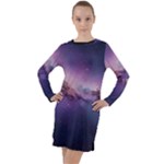 Cosmic Dreamscape Print (ai) Black Backgrond Long Sleeve Hoodie Dress