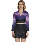 Cosmic Dreamscape Print (ai) Black Backgrond Long Sleeve Tie Back Satin Wrap Top