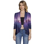 Cosmic Dreamscape Print (ai) Black Backgrond Women s 3/4 Sleeve Ruffle Edge Open Front Jacket