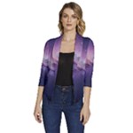 Cosmic Dreamscape Print (ai) Black Backgrond Women s Draped Front 3/4 Sleeve Shawl Collar Jacket