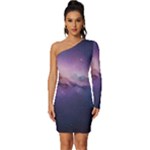 Cosmic Dreamscape Print (ai) Black Backgrond Long Sleeve One Shoulder Mini Dress