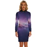 Cosmic Dreamscape Print (ai) Black Backgrond Long Sleeve Shirt Collar Bodycon Dress