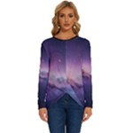 Cosmic Dreamscape Print (ai) Black Backgrond Long Sleeve Crew Neck Pullover Top