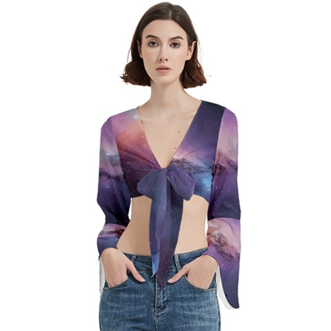 Cosmic Dreamscape Print (ai) Black Backgrond Trumpet Sleeve Cropped Top from ArtsNow.com