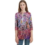 Marbling Blend  Women s Zip Front V-Neck 3/4 Sleeve Casual Top Pocket Shirt