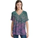 Colorful duotone abstract print V-Neck Split Shoulder Casual T-Shirt