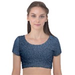 Blue Denim Fabric Velvet Short Sleeve Crop Top 