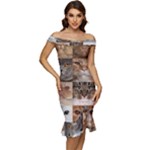 Breeds Of Cats Collage Off Shoulder Ruffle Split Hem Bodycon Dress