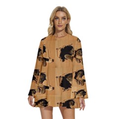 Round Neck Long Sleeve Bohemian Style Chiffon Mini Dress 