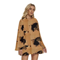 Round Neck Long Sleeve Bohemian Style Chiffon Mini Dress 