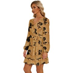 Long Sleeve Waist Tie Ruffle Velvet Dress 