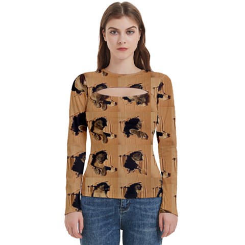 Carton, Brown Women s Cut Out Long Sleeve T