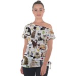 Cats, All, Collage, Cat Off Shoulder Tie-Up T-Shirt